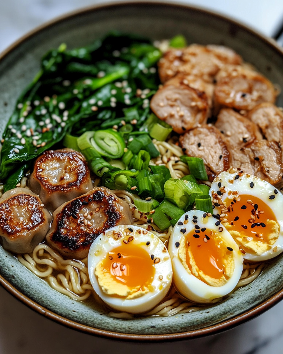 Viral Savory Dumpling Ramen Bowl with Soft Boiled Eggs and Fresh Greens Easy Dinner Upgrade